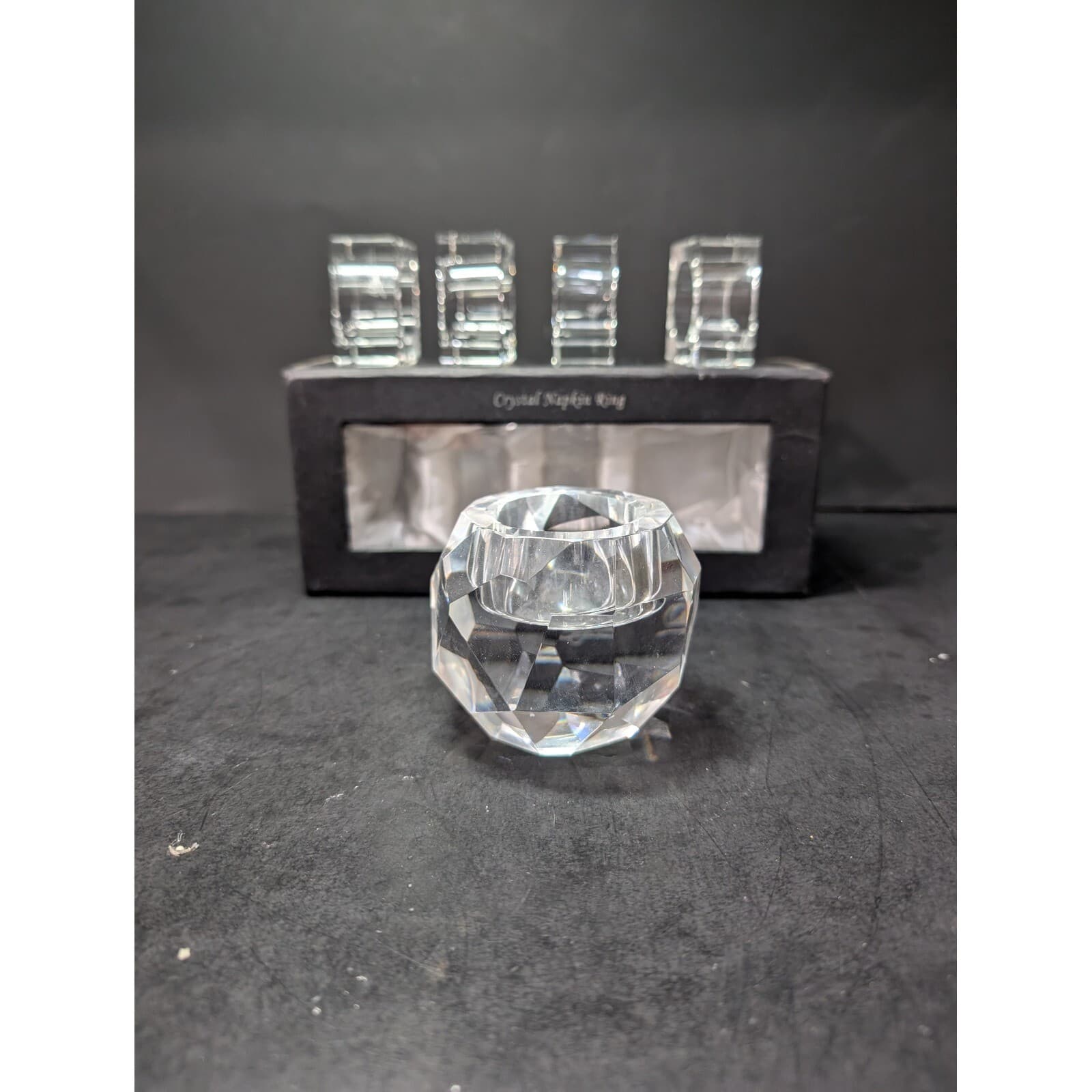 Oleg Cassini Signed Crystal Napkin Rings & Candle Holder Square Napkin Rings Set - Thumbnail 2