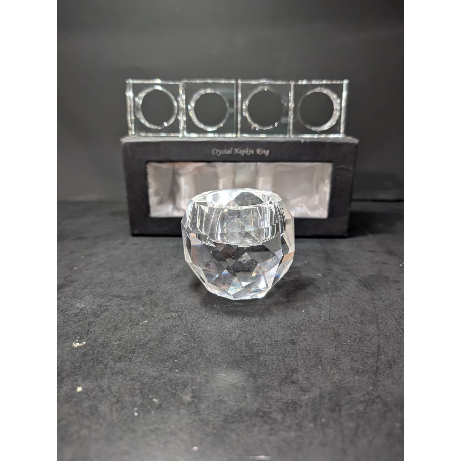 Oleg Cassini Signed Crystal Napkin Rings & Candle Holder Square Napkin Rings Set - Thumbnail 3