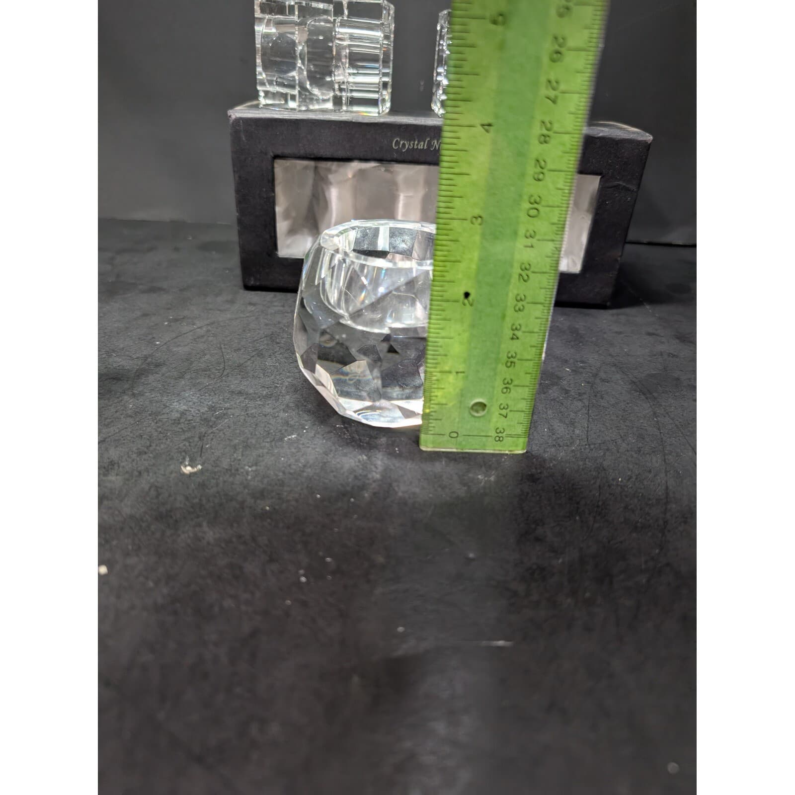 Oleg Cassini Signed Crystal Napkin Rings & Candle Holder Square Napkin Rings Set - Thumbnail 6