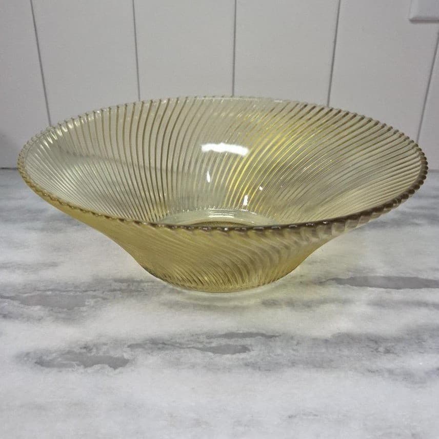 Federal Glass Amber Diana Serving Bowl, Vintage Yellow Swirl Pattern Centerpiece - Thumbnail 2