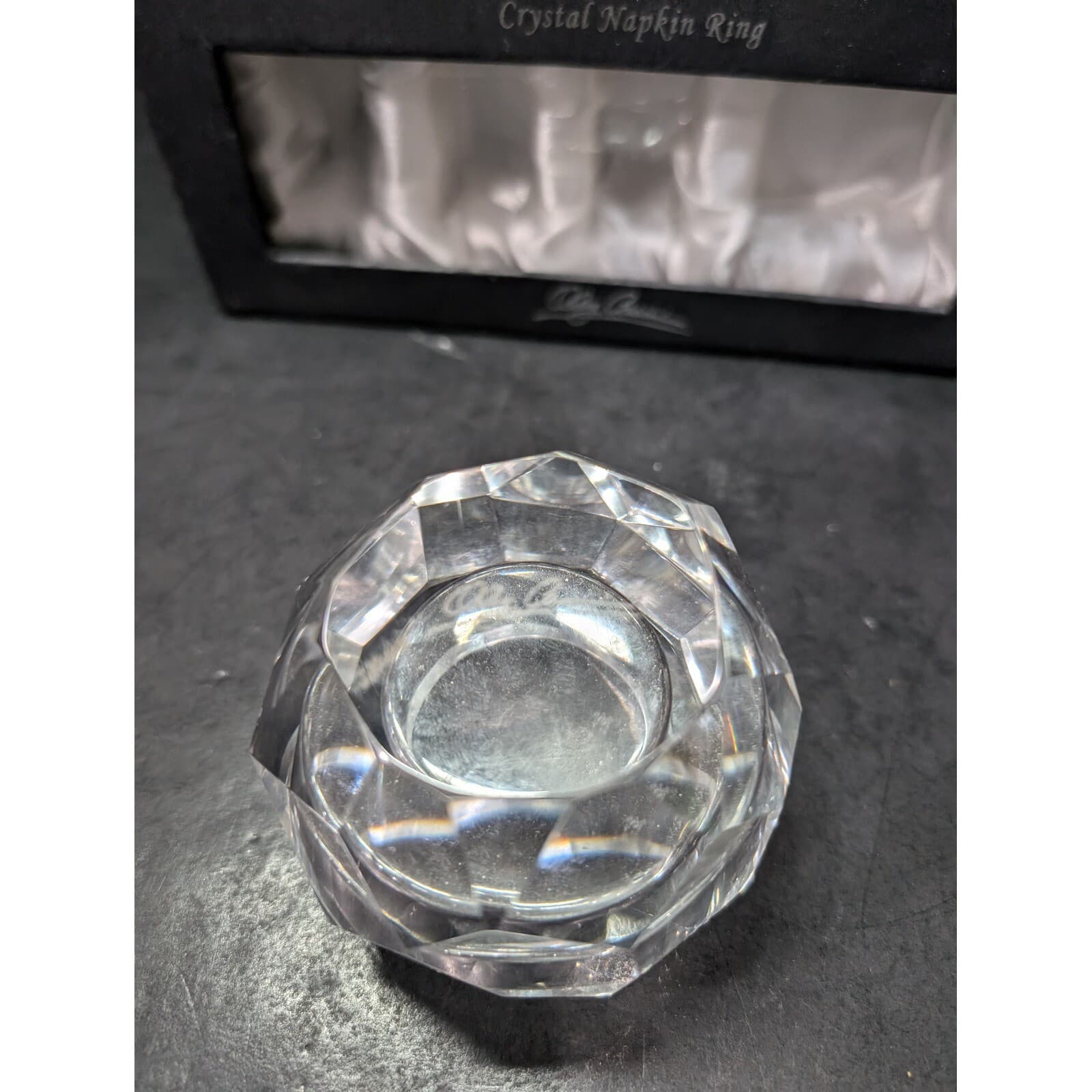 Oleg Cassini Signed Crystal Napkin Rings & Candle Holder Square Napkin Rings Set - Thumbnail 5