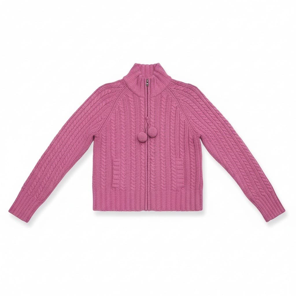 Gap Pink Cable Knit Pom Pom Full Zip Mock Neck Cardigan, Women's Small Sweater