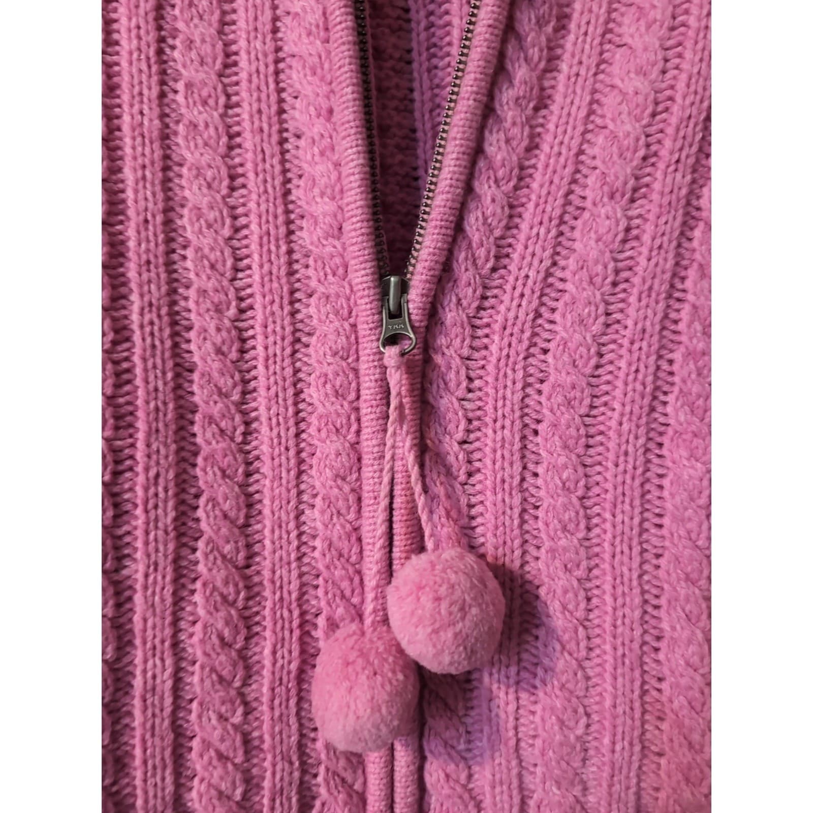 Gap Pink Cable Knit Pom Pom Full Zip Mock Neck Cardigan, Women's Small Sweater - Thumbnail 7