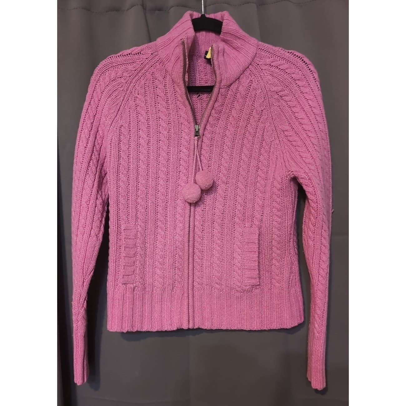 Gap Pink Cable Knit Pom Pom Full Zip Mock Neck Cardigan, Women's Small Sweater - Thumbnail 3