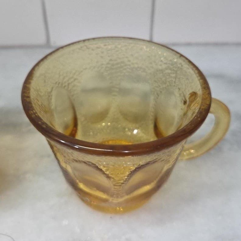 Hazel Atlas Amber Teacups, Set of 2, Golden Pebblestone Vintage Pressed-Glasses - Thumbnail 6