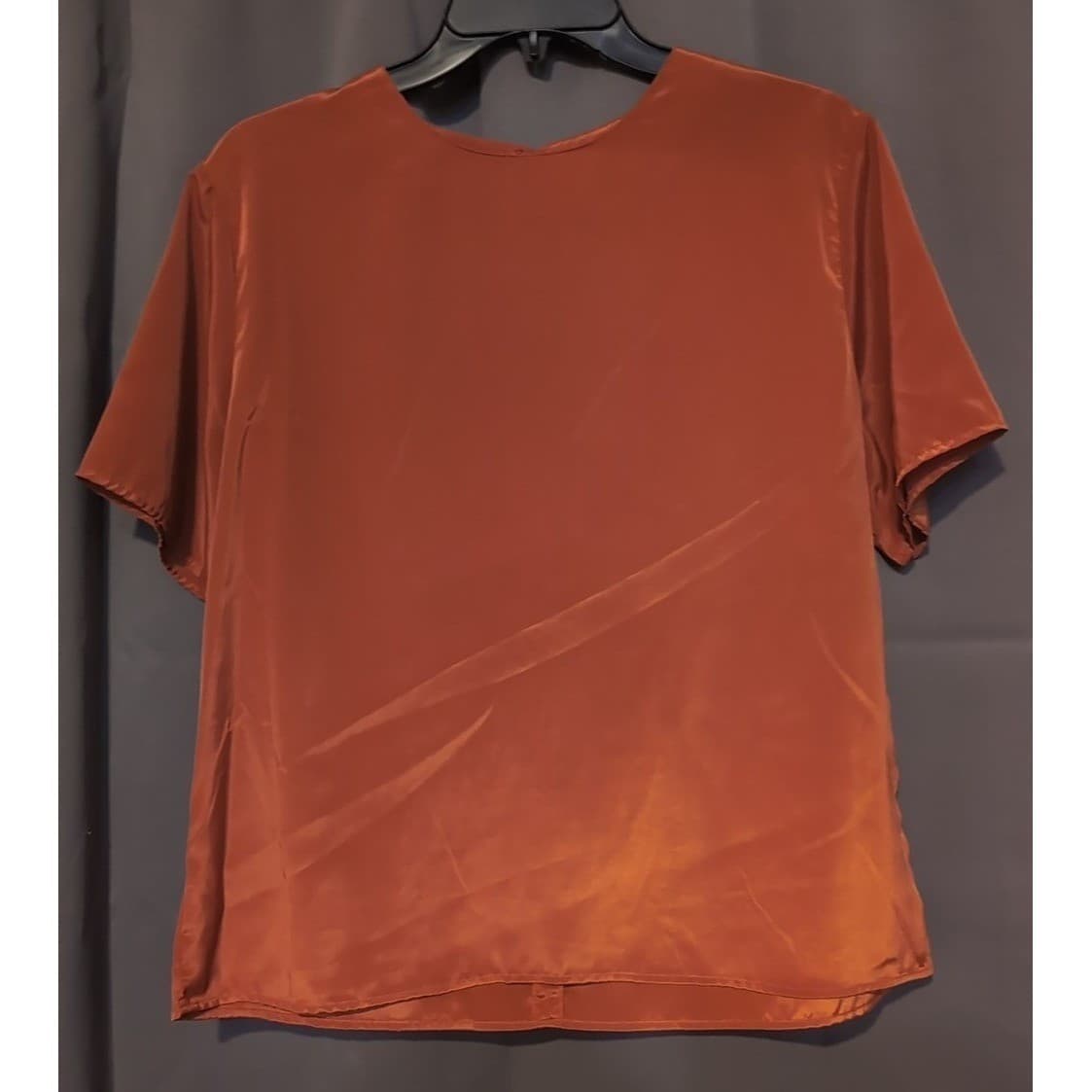 Jonathan Logan Petite Rust Copper Satin Blouse, Short Sleeve Top, Keyhole Back - Thumbnail 3