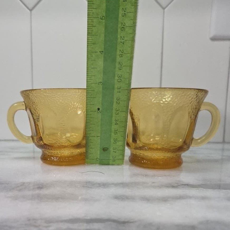 Hazel Atlas Amber Teacups, Set of 2, Golden Pebblestone Vintage Pressed-Glasses - Thumbnail 9