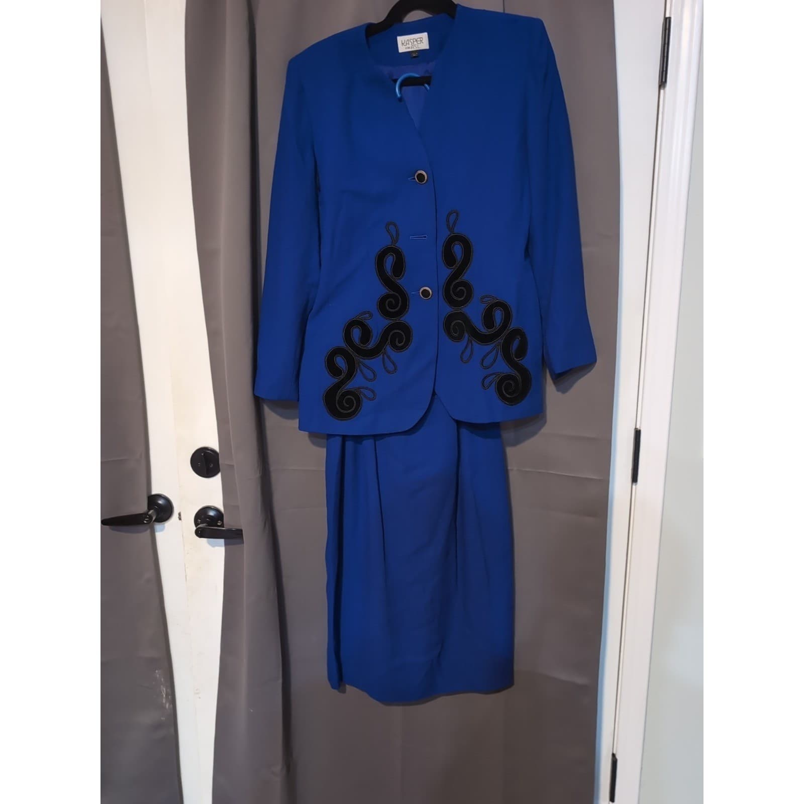 Kasper ASL Royal Blue Skirt Suit Set, Black Soutache Embroidery, Women's Size 8 - Thumbnail 4