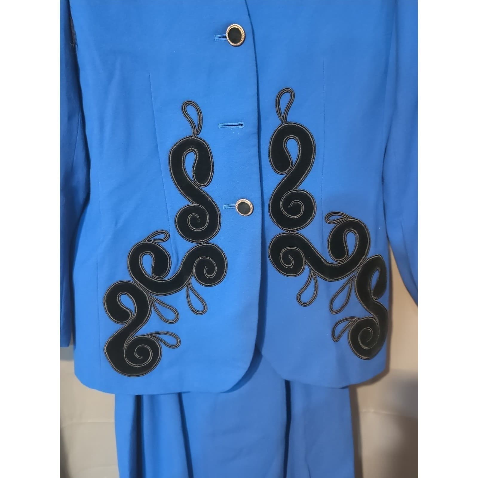 Kasper ASL Royal Blue Skirt Suit Set, Black Soutache Embroidery, Women's Size 8 - Thumbnail 7