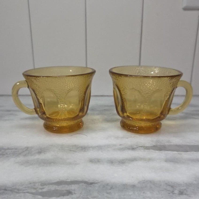 Hazel Atlas Amber Teacups, Set of 2, Golden Pebblestone Vintage Pressed-Glasses - Thumbnail 2