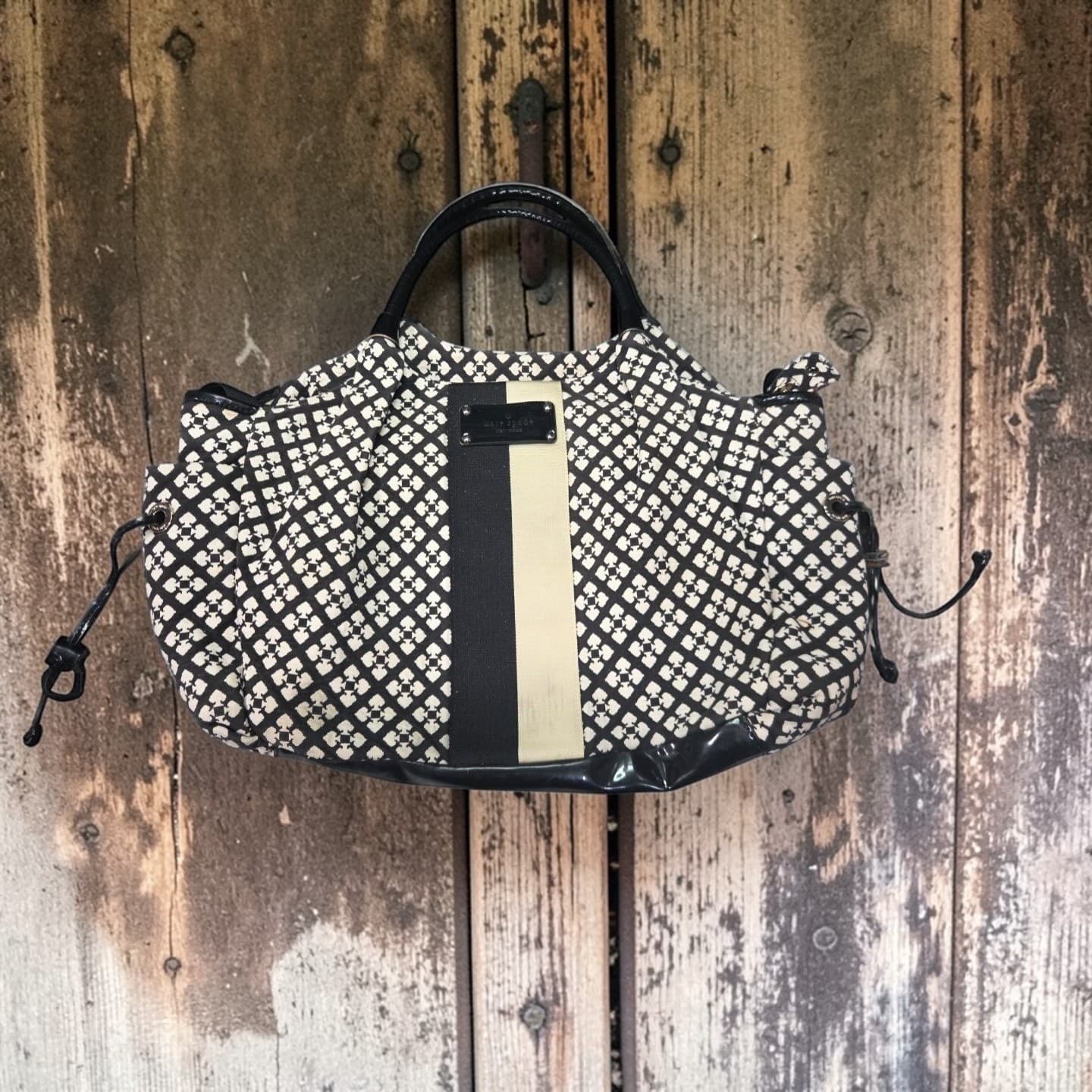 Kate Spade New York Stevie Diaper Bag Tote Black White Spade Print Racing Stripe
