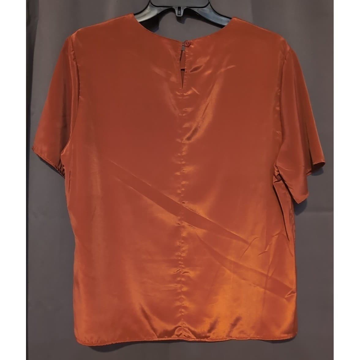 Jonathan Logan Petite Rust Copper Satin Blouse, Short Sleeve Top, Keyhole Back - Thumbnail 4