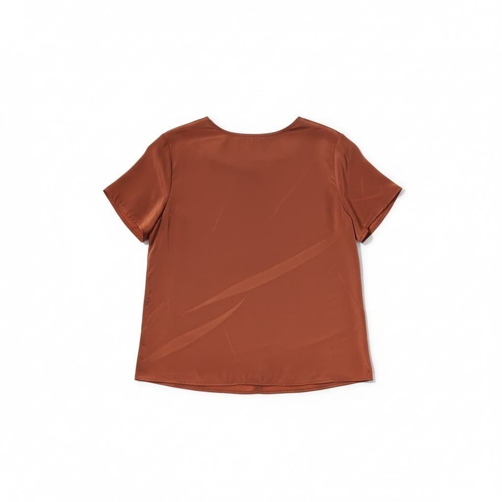 Jonathan Logan Petite Rust Copper Satin Blouse, Short Sleeve Top, Keyhole Back