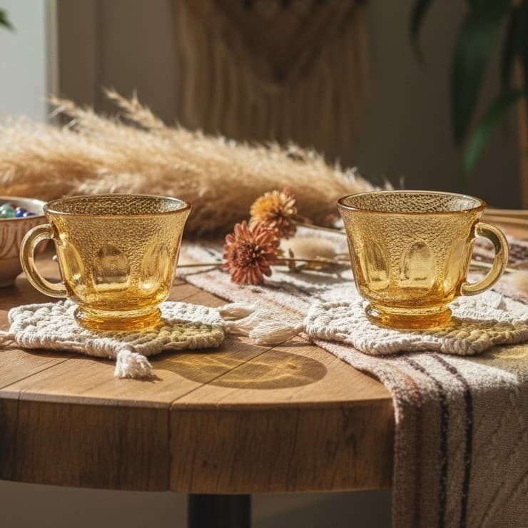 Hazel Atlas Amber Teacups, Set of 2, Golden Pebblestone Vintage Pressed-Glasses