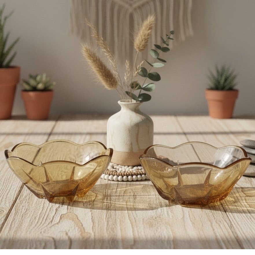 Anchor Hocking Amber Berry Bowls, Set of 2, Vintage Yellow Paneled Design