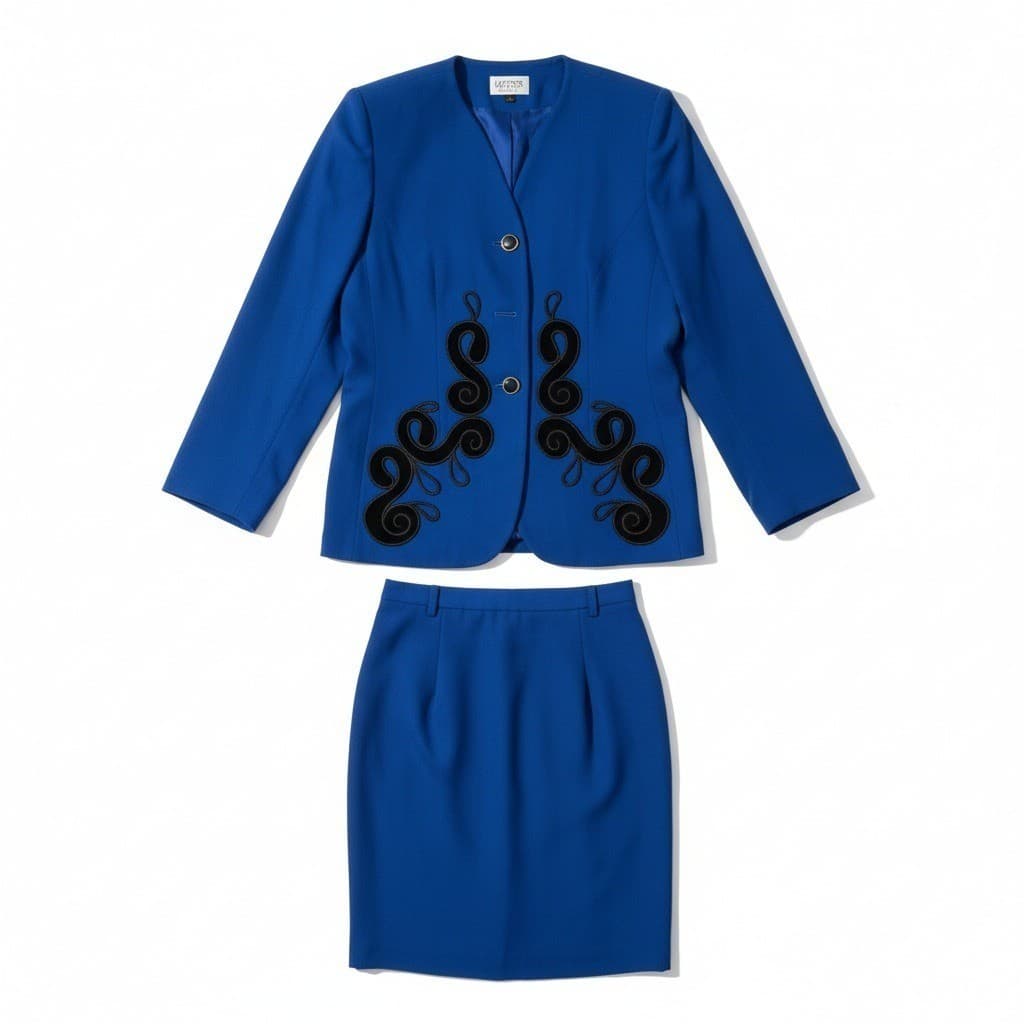 Kasper ASL Royal Blue Skirt Suit Set, Black Soutache Embroidery, Women's Size 8