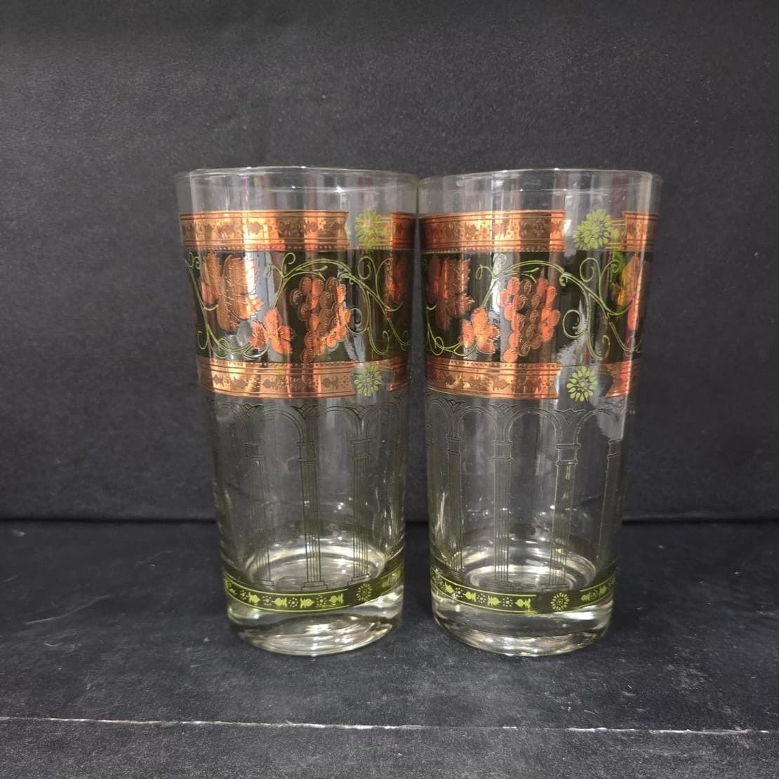 Cera Green & Golden Grapes Highball Glasses, Set of 2, Vintage Tumblers, Barware - Thumbnail 2