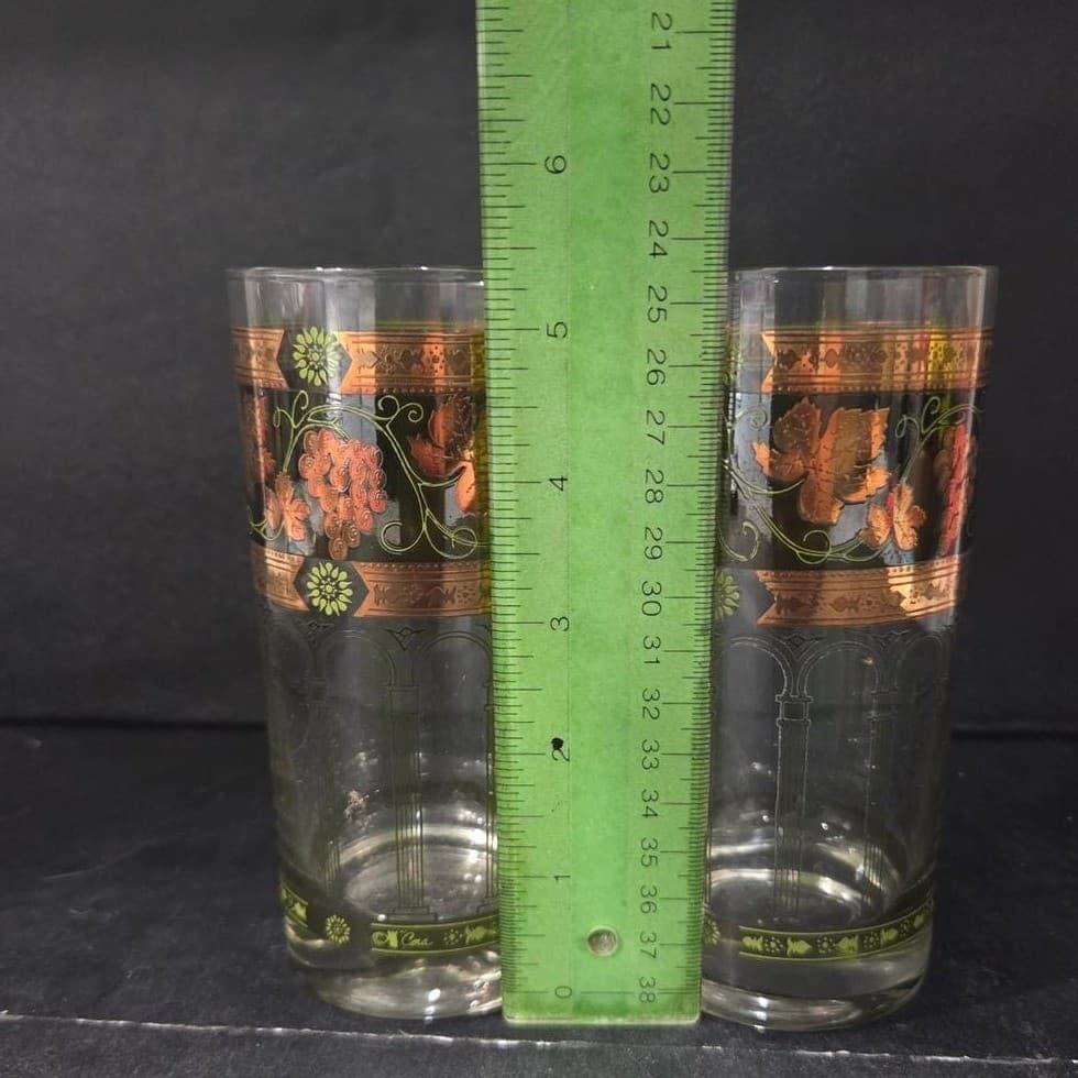 Cera Green & Golden Grapes Highball Glasses, Set of 2, Vintage Tumblers, Barware - Thumbnail 9