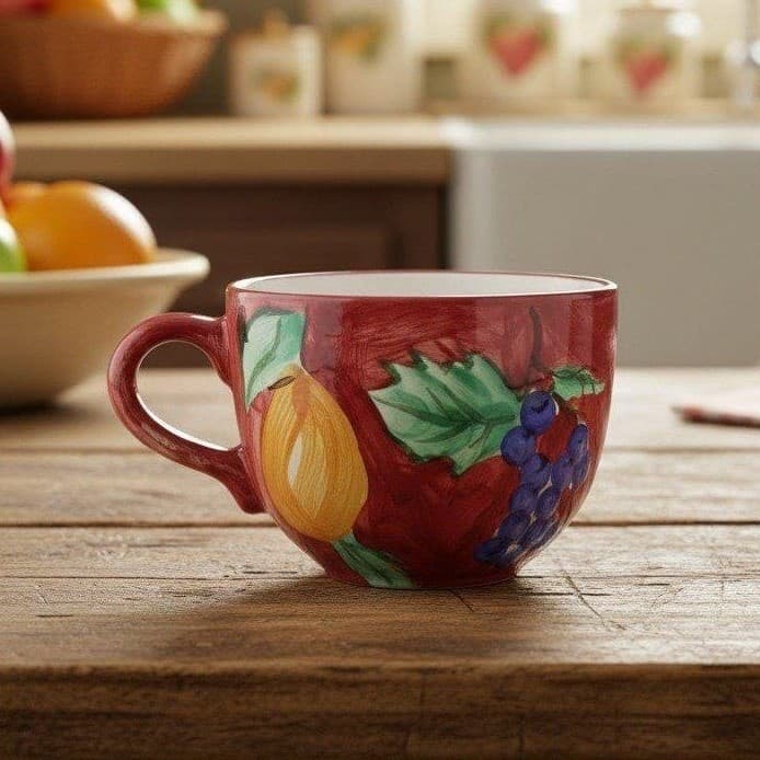 Crate & Barrel Fruit Theme Large Coffee Cup, Vintage Hand-Painted Ceramic Mug