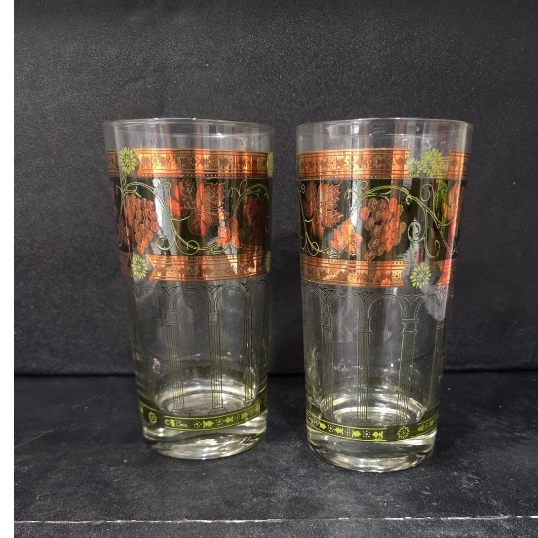 Cera Green & Golden Grapes Highball Glasses, Set of 2, Vintage Tumblers, Barware - Thumbnail 5