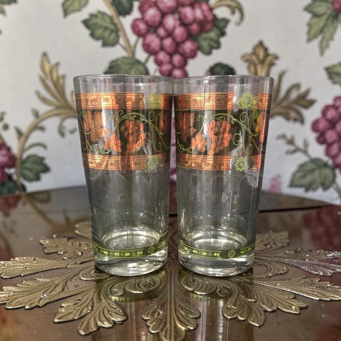 Cera Green & Golden Grapes Highball Glasses, Set of 2, Vintage Tumblers, Barware