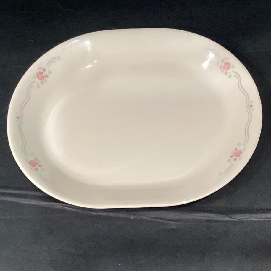 Corelle English Breakfast Oval Serving Platter, Pink Roses Blue Ribbons Vtg Tray - Thumbnail 3