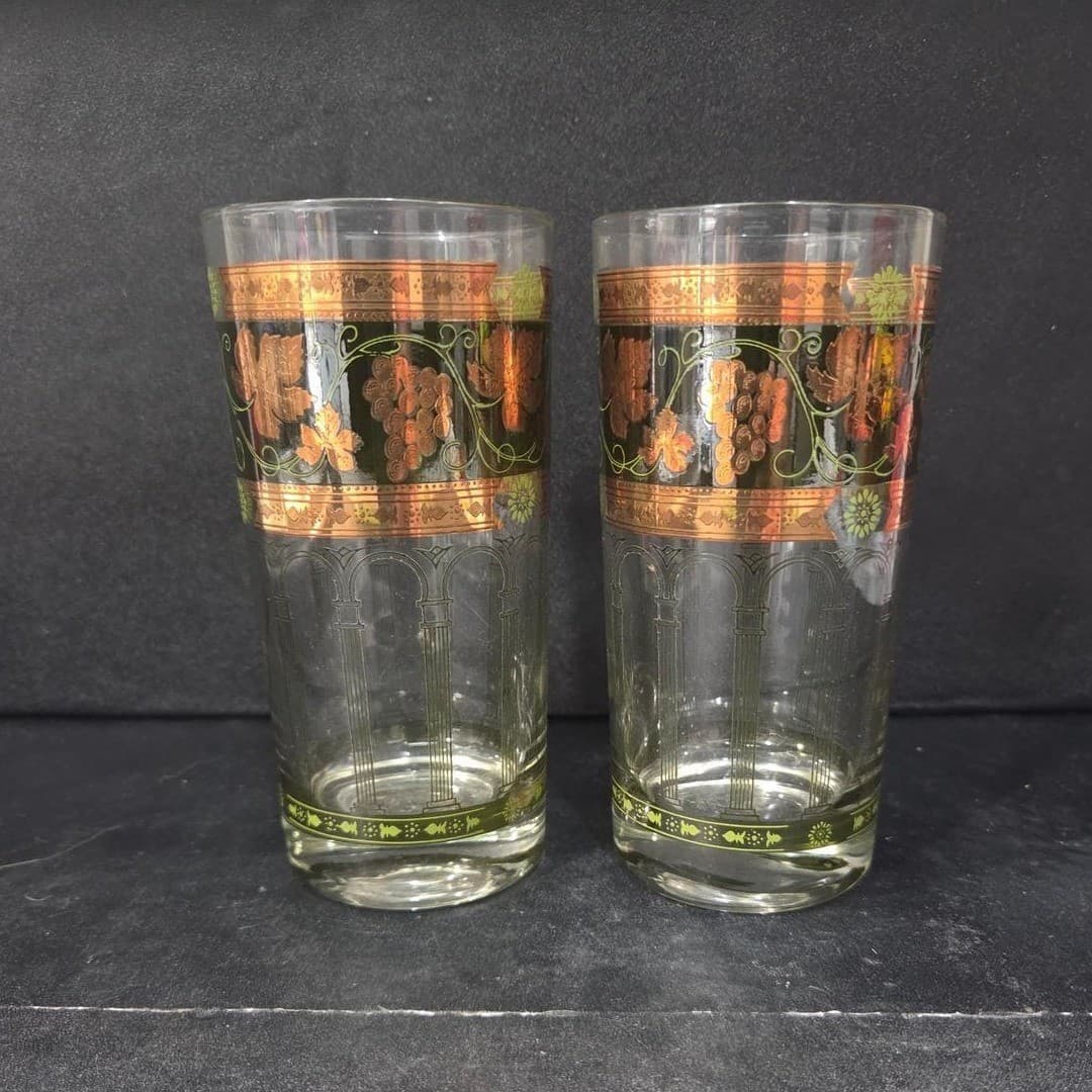 Cera Green & Golden Grapes Highball Glasses, Set of 2, Vintage Tumblers, Barware - Thumbnail 3