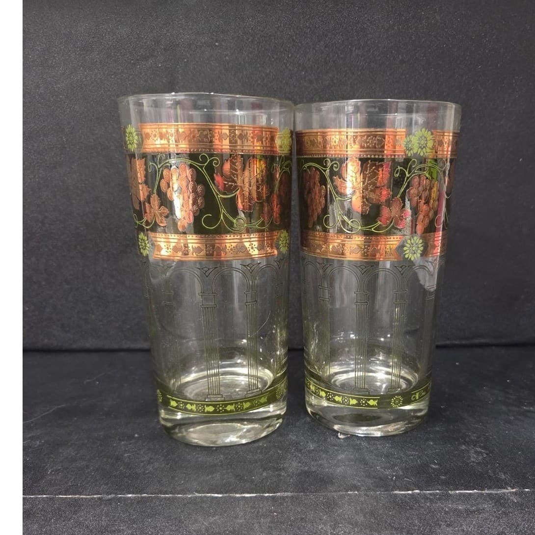 Cera Green & Golden Grapes Highball Glasses, Set of 2, Vintage Tumblers, Barware - Thumbnail 4