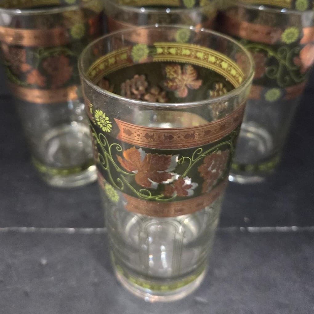 Cera Green & Golden Grapes Highball Glasses, Set of 4, Vintage Tumblers, Barware - Thumbnail 6