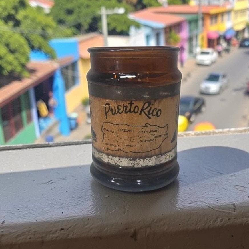 Puerto Rico Map Souvenir Glass Mug, Vintage Amber Cup, Wood Handled Glassware