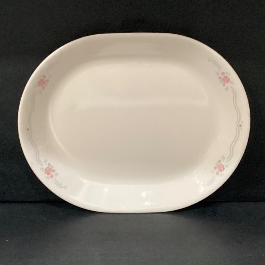 Corelle English Breakfast Oval Serving Platter, Pink Roses Blue Ribbons Vtg Tray - Thumbnail 2