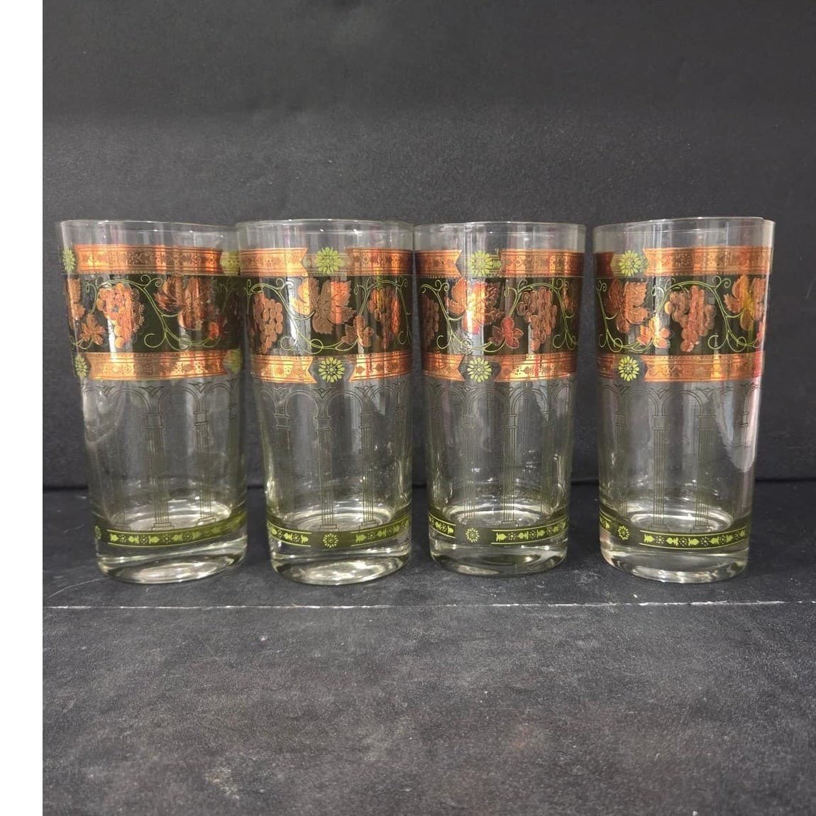 Cera Green & Golden Grapes Highball Glasses, Set of 4, Vintage Tumblers, Barware - Thumbnail 3