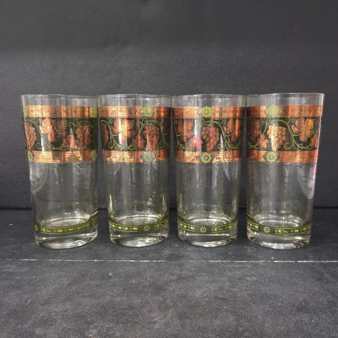 Cera Green & Golden Grapes Highball Glasses, Set of 4, Vintage Tumblers, Barware - Thumbnail 4