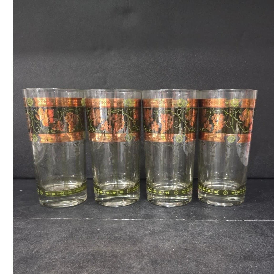 Cera Green & Golden Grapes Highball Glasses, Set of 4, Vintage Tumblers, Barware - Thumbnail 5