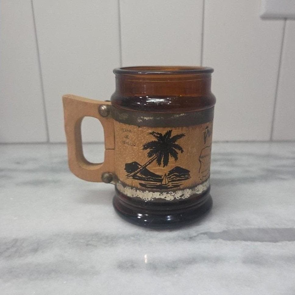 Puerto Rico Map Souvenir Glass Mug, Vintage Amber Cup, Wood Handled Glassware - Thumbnail 10