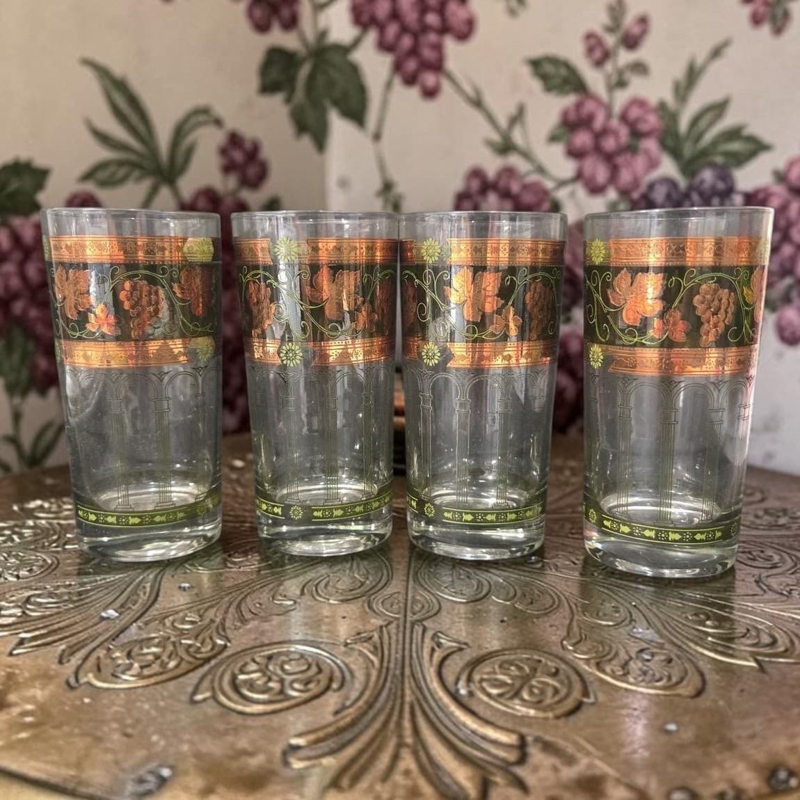 Cera Green & Golden Grapes Highball Glasses, Set of 4, Vintage Tumblers, Barware