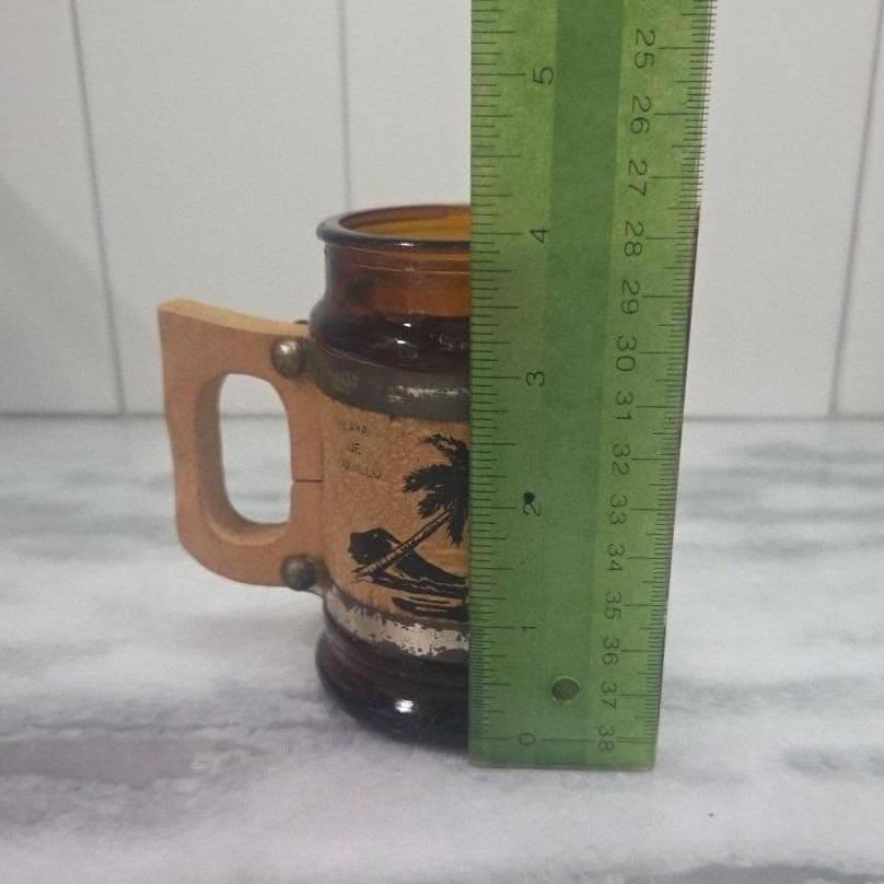 Puerto Rico Map Souvenir Glass Mug, Vintage Amber Cup, Wood Handled Glassware - Thumbnail 2