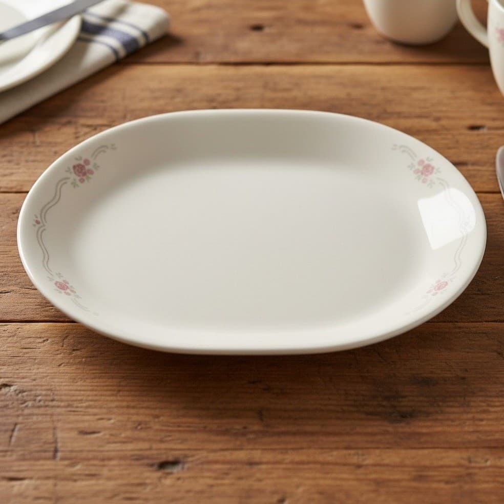 Corelle English Breakfast Oval Serving Platter, Pink Roses Blue Ribbons Vtg Tray