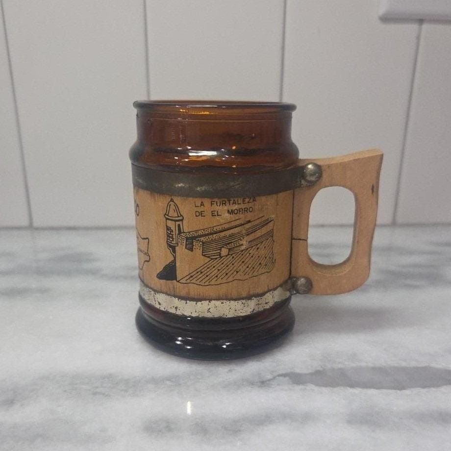 Puerto Rico Map Souvenir Glass Mug, Vintage Amber Cup, Wood Handled Glassware - Thumbnail 8