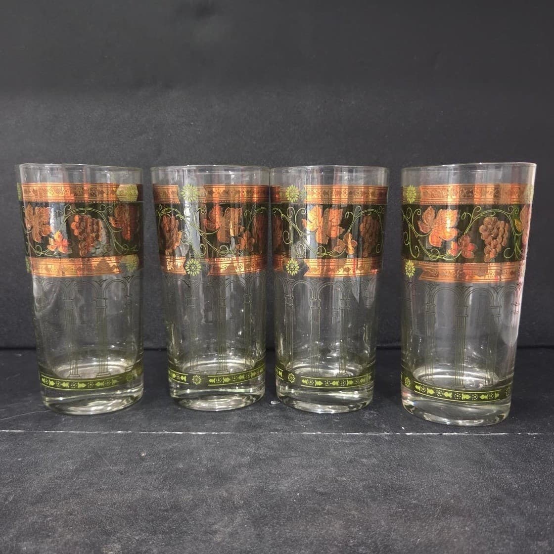 Cera Green & Golden Grapes Highball Glasses, Set of 4, Vintage Tumblers, Barware - Thumbnail 2