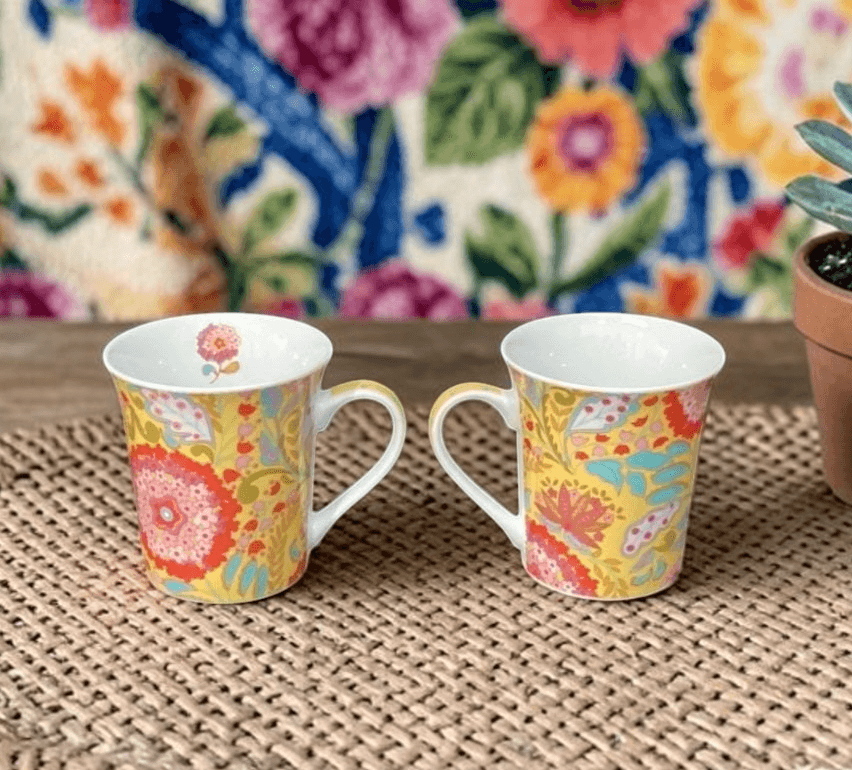 Dena Home Flowers Coffee Cups, Set of 2, Vintage Floral Porcelain Mugs Drinkware