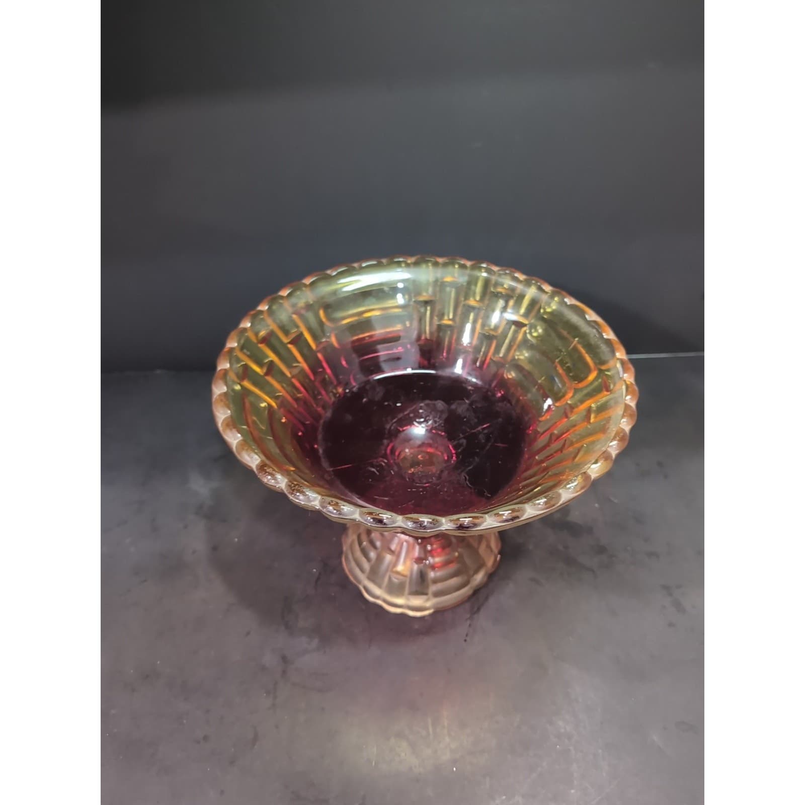 Jeanette "Louisa" Amberina Bowl, Vintage Pedestal Glassware, Carnival Fruit Bowl - Thumbnail 5