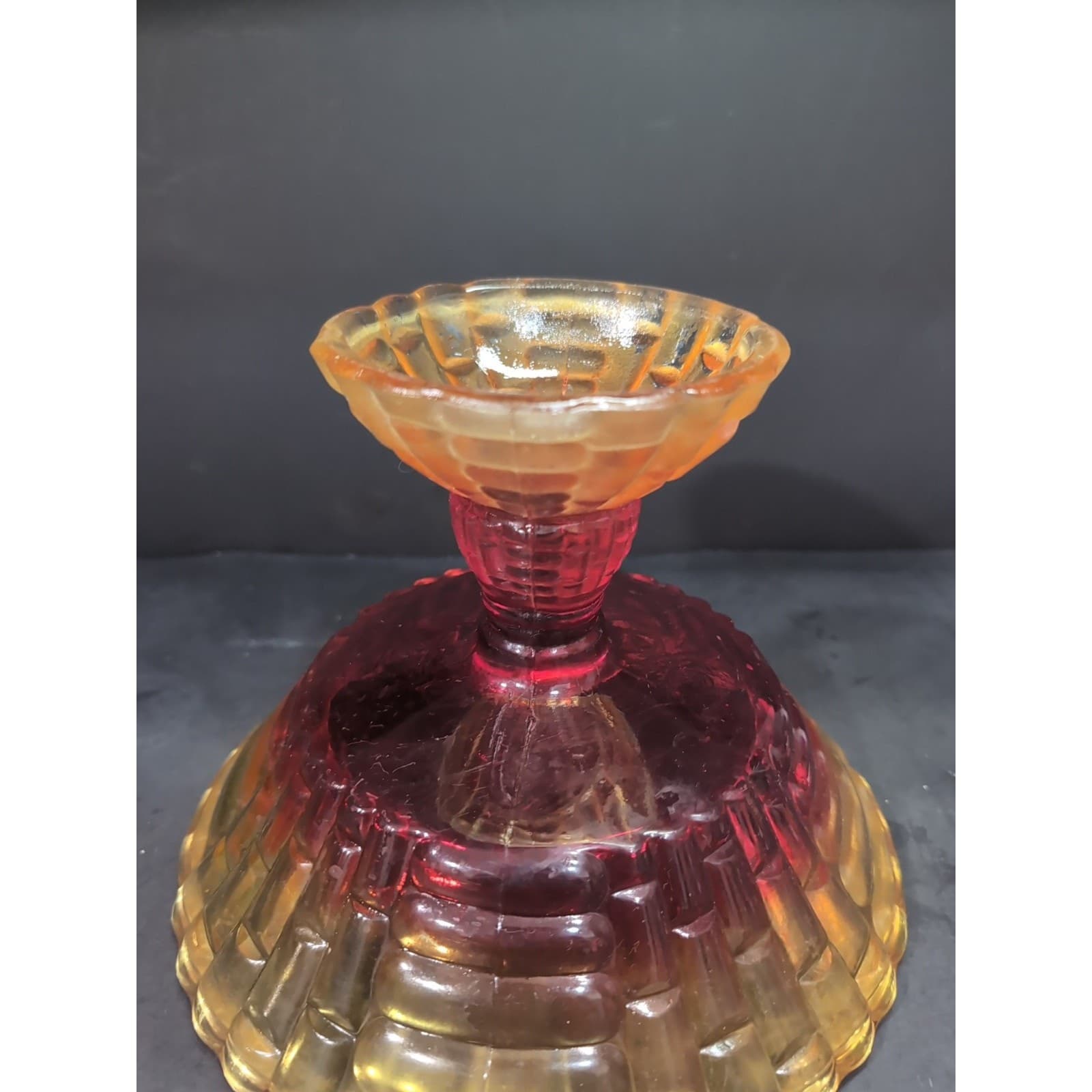Jeanette "Louisa" Amberina Bowl, Vintage Pedestal Glassware, Carnival Fruit Bowl - Thumbnail 8