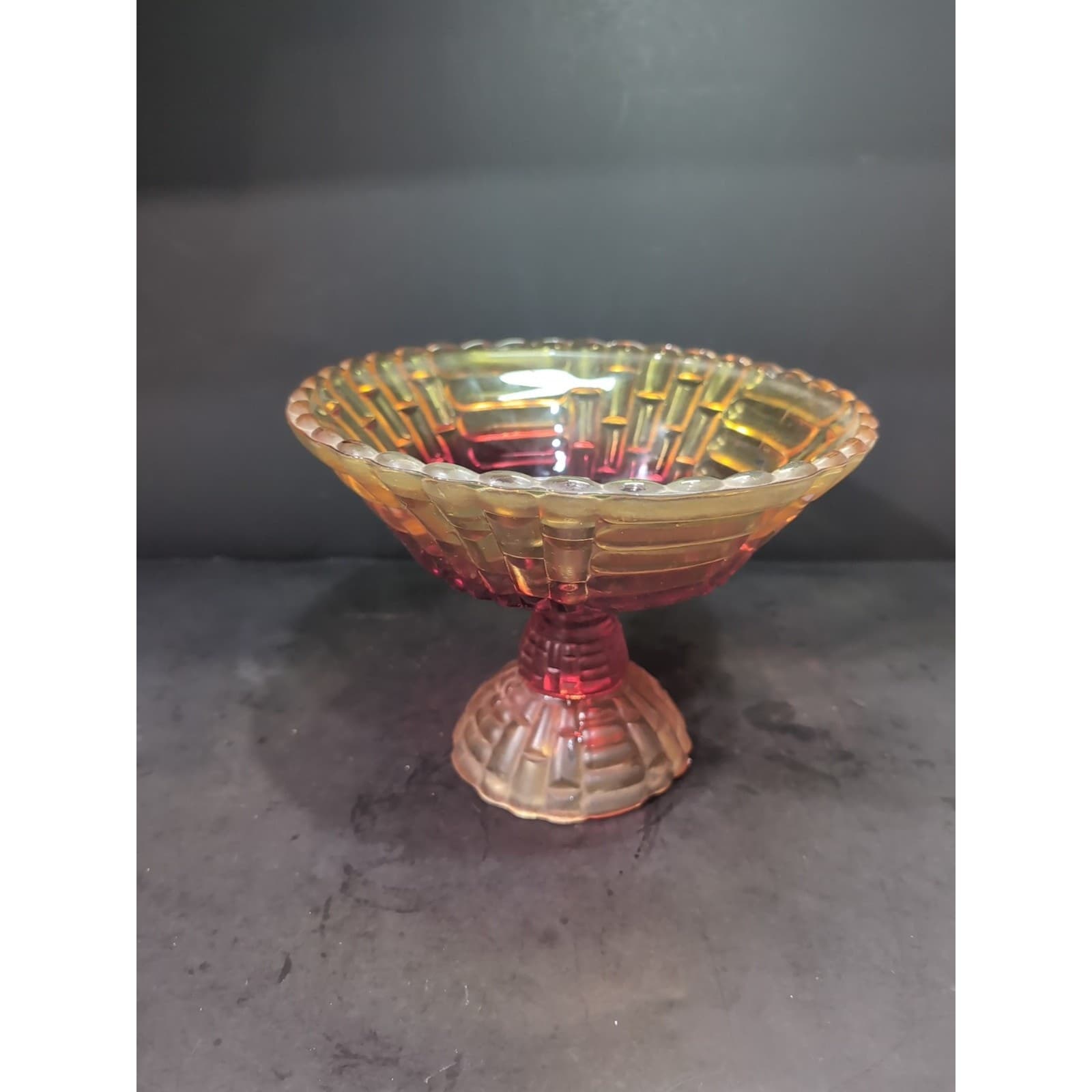 Jeanette "Louisa" Amberina Bowl, Vintage Pedestal Glassware, Carnival Fruit Bowl - Thumbnail 4