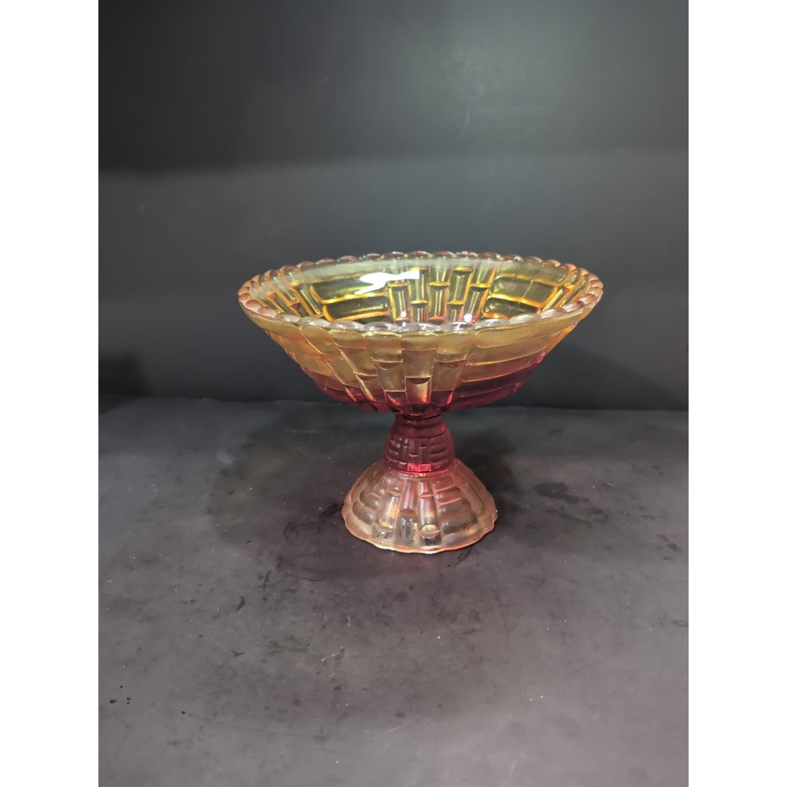 Jeanette "Louisa" Amberina Bowl, Vintage Pedestal Glassware, Carnival Fruit Bowl - Thumbnail 2