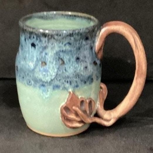 Janet Donnangelo Mountain Nest Pottery Mug, Sign Stoneware Blue Copper Vine Cup - Thumbnail 9