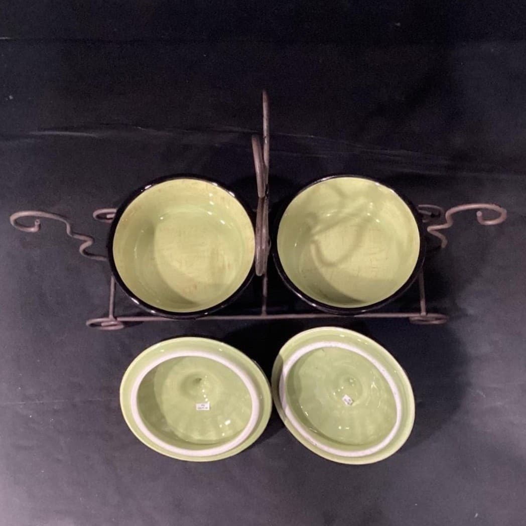 Ceramic Lidded Pots on Metal Stand, Decorative Candle Holders, Five Piece Set - Thumbnail 4