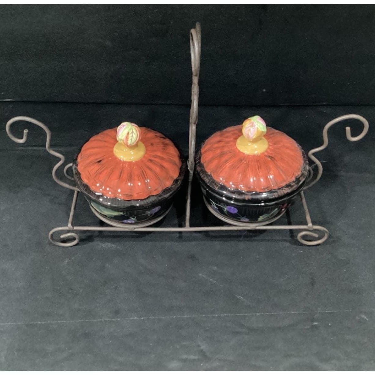 Ceramic Lidded Pots on Metal Stand, Decorative Candle Holders, Five Piece Set - Thumbnail 5