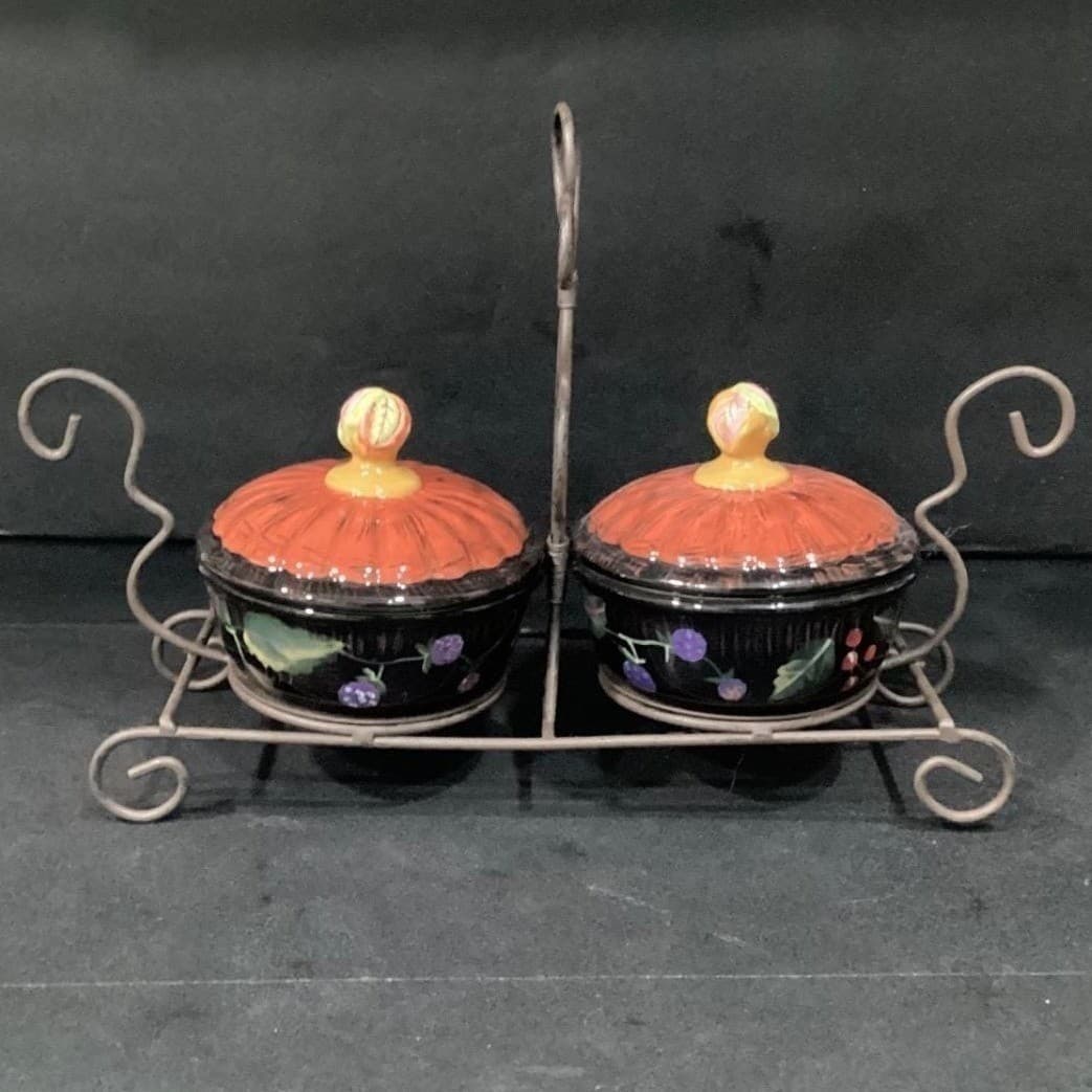 Ceramic Lidded Pots on Metal Stand, Decorative Candle Holders, Five Piece Set - Thumbnail 7