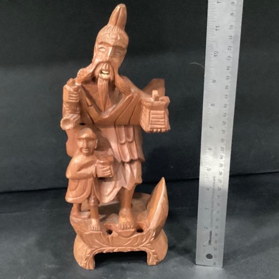 Asian Hand-Carved Wood Figurine, Medicine Man With Child, Chinese Folk Art - Thumbnail 2